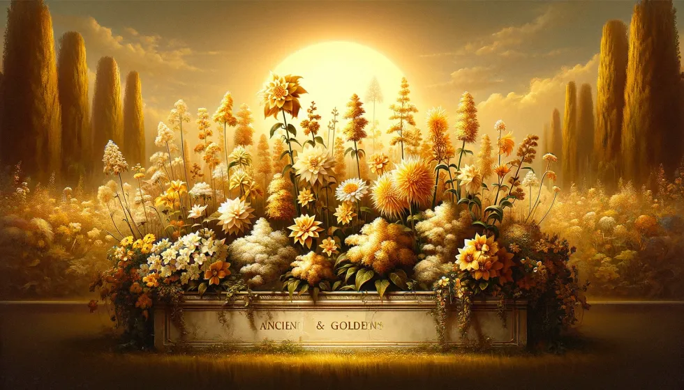 A golden sunset illuminating ancient and rare flowers, capturing the timeless elegance of ancient and golden flower names for boys.