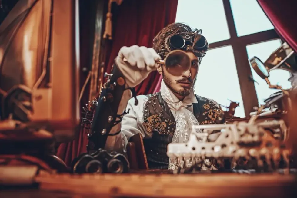 A man dressed as a scientist from Victorian era holding a magnifying glass