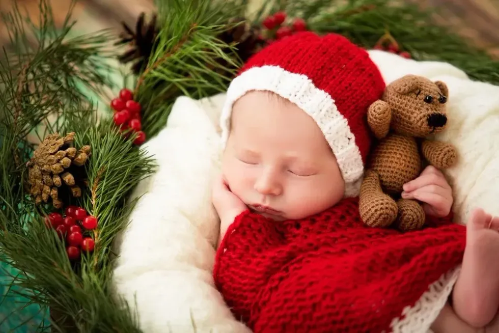 A newborn baby girl sleeping with a knitted toy in a basket wearing Christmas themed clothes