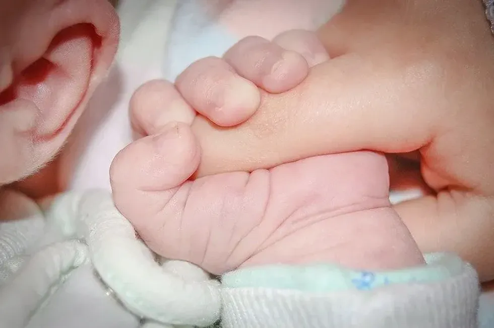 Newborn baby hand holding parent's finger