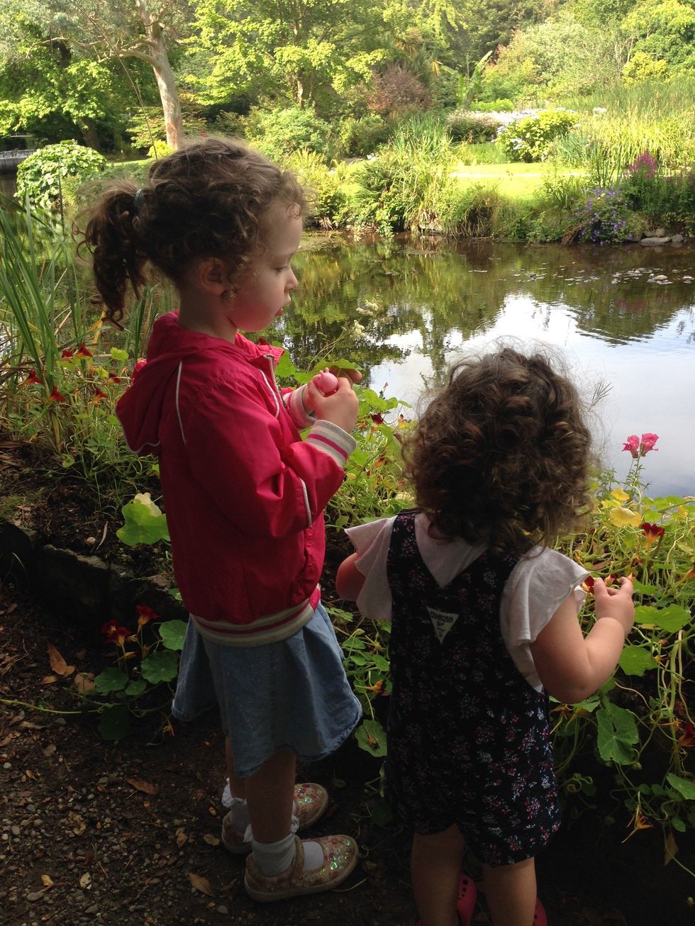 Two young girls looking at a pond in a lush garden.